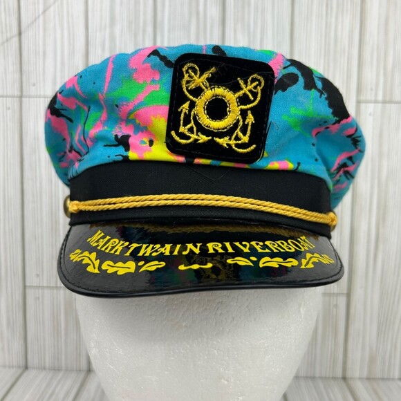 Vintage captain hat cap - Gem Vintage 1980s Captain Hat Neon Splatter Pattern Mark Twin Riverboat Snapback Cap